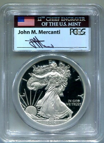 PCGS-PF69 ディープカメオ 2014-W プルーフ シルバーイーグル - メルカンティ シグネチャーラベル