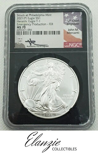 2021(P) アメリカン シルバー イーグル T-1 発行初日 NGC MS70 メルカンティ サイン入り