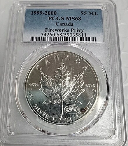 1999-00 $5 ML カナダドル シルバー 花火 プライベート メープル メープル MS68 PCGS AA206