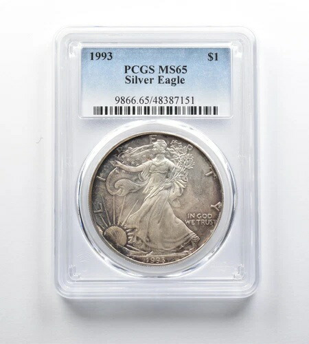 MS65 1993年 アメリカンシルバーイーグル PCGS 美しい青/黄色の色合い *0190