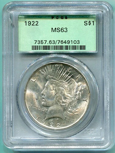 1922 ( 1922-P ) ピース シルバー ドル S$1 PCGS MS63 MS-63 オールド グリーン ホルダー OGH !!