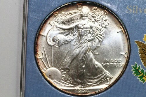 1994年 アメリカ製 1ドル銀貨 イーグル銀貨 1オンス 999 レインボーリムトーン グレードMS NUM9407