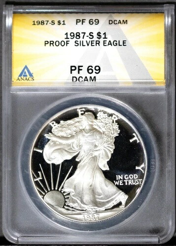 1987-S $1 シルバー アメリカンイーグル PF 69 DCAM ANACS # 7539861 + ボーナス。フロスティカメオ