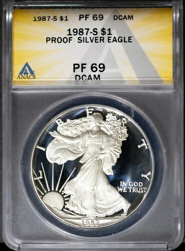 1987-S $1 シルバー アメリカンイーグル PF 69 DCAM ANACS # 7539863 + ボーナス。フロスティカメオ
