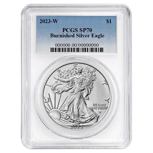 2023-W バーニッシュ仕上げ 1ドル アメリカン シルバー イーグル PCGS SP70 ブルーラベル ホワイトフレーム