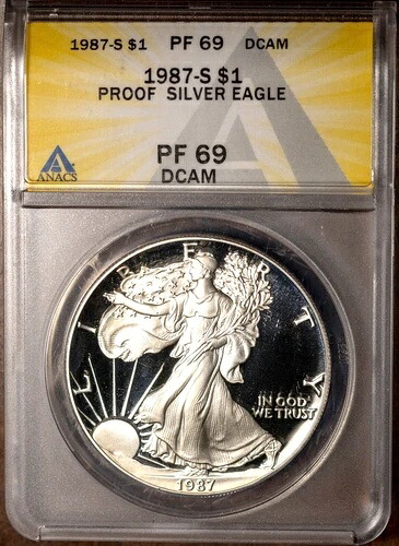 1987-S $1 シルバー アメリカンイーグル PF 69 DCAM ANACS # 7539865 + ボーナス。フロスティカメオ