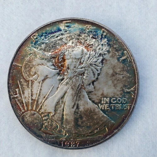 1987年アメリカンシルバーイーグルドル?美しい虹色の色合い?米国コイン