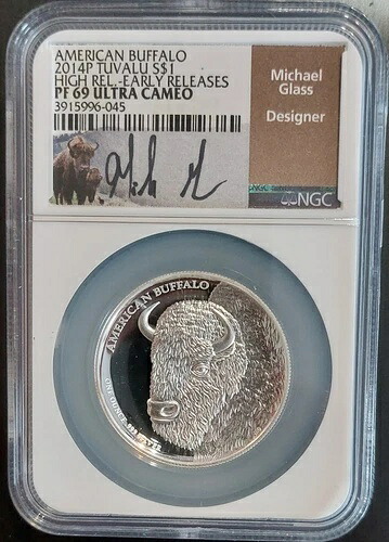 2014年 ツバル 1オンス アメリカンバッファロー 999 シルバー 1ドルコイン PCGS PR69 DCAM ガラスサイン入り