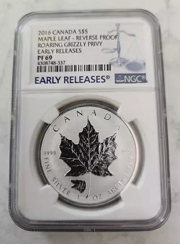 2016年 カナダ シルバー メープルリーフ リバース プルーフ NGC PF 69 ロアリング グリズリー プリビー