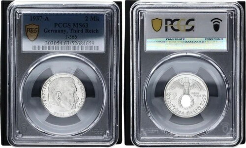 3. ライヒ 2マーク シルバー 1937 A パウル・フォン・ヒンデンブルク J-366 PCGS MS63 135662-