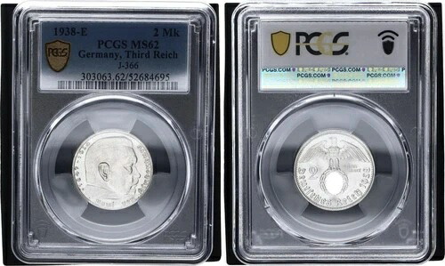 3. ライヒ 2マーク シルバー 1938 E パウル・フォン・ヒンデンブルク J-366 PCGS MS62 135671-