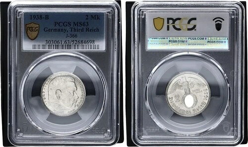 3. ライヒ 2マーク シルバー 1938 B パウル・フォン・ヒンデンブルク J-366 PCGS MS63 135677-