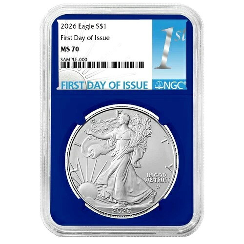 プレセール - 2026年 $1 アメリカン シルバー イーグル NGC MS70 FDI ファースト ラベル ブルー コア