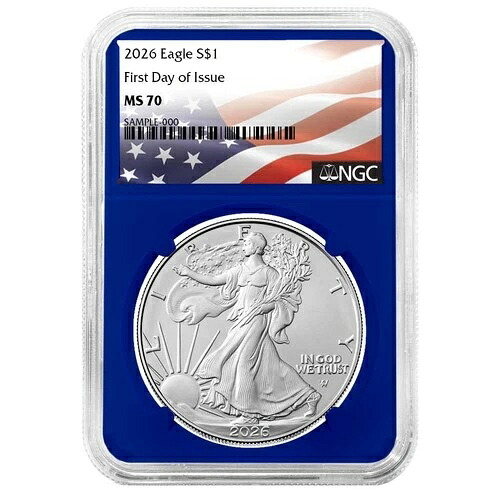 プレセール - 2026年 $1 アメリカン シルバー イーグル NGC MS70 FDI フラッグ ラベル ブルー コア