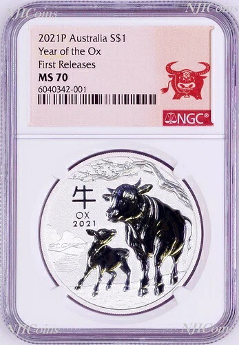 2021年 オーストラリア .9999 地金銀 丑年 NGC MS70 1オンス 1ドルコイン