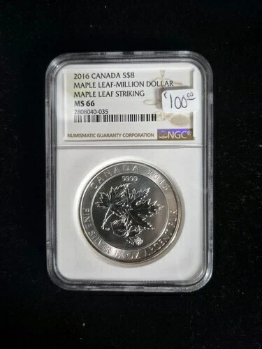 2016年カナダS$8メープルリーフ - 100万ドルメープルリーフストライキング - NGC MS 66