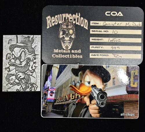 1.5オンス シルバーバー ? RESURRECTION METALS ? GANGSTER MCDUCK 1 999 FINE ?TRUSTED?