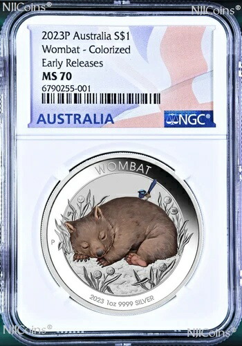 2023年 P オーストラリア ウォンバット 1オンス シルバーカラーコイン NGC MS 70 $1 国旗 ERラベル
