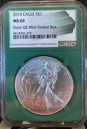 2015年 $1 アメリカン シルバー イーグル NGC MS69 米国造幣局発行 未開封 ボックスラベル グリーンコア