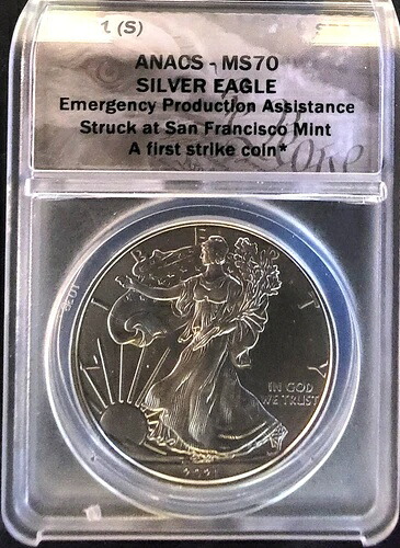2021年 (S) アメリカンイーグル ANACS MS70 タイプ1 地金 999 シルバー 1オンス アートコイン