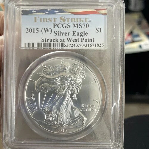 2015-(W) シルバーイーグル PCGS MS70 ファーストストライク ウェストポイントで打刻 米国国旗ラベル