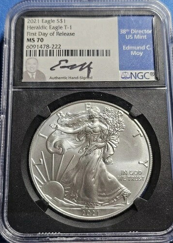 2021 シルバーイーグル NGC MS70 エドマンド・モイ直筆サイン入り 発売初日 T-1