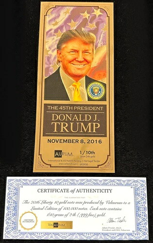 2016年 ドナルド・トランプ 第45代大統領 10グラム 24金オーラム金貨 COA付き 希少