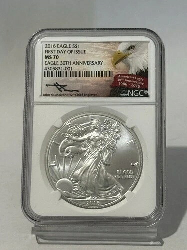 2016年 1ドル アメリカン シルバー イーグル NGC MS70 FDOI 30周年記念 マーカンティ サイン入り