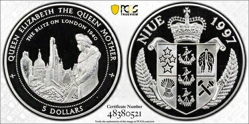 1997年 ニウエ 5ドル クイーンマザー ロンドン大空襲 銀貨 PCGS PR69 DCAM