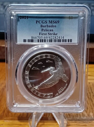 2021年 1ドル バルバドス、ペリカン、1オンス ASW .999 純銀、PCGS MS69 ファーストストライク