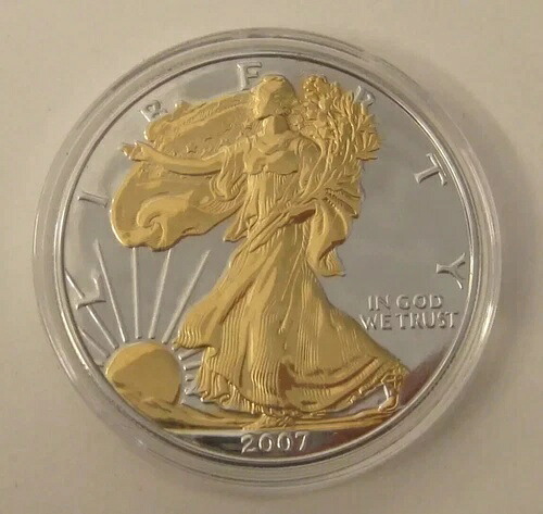2007年アメリカンシルバーイーグル1オンス.999ファインシルバーラウンド24Kゴールド金メッキコイン: