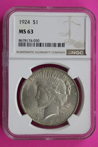 1924年 P MS 63 リバティピースシルバードル NGC認定グレード 本物 725