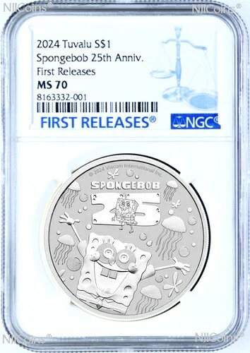 2024年 スポンジ・ボブ 25周年記念 1オンス .9999 シルバー 1ドルコイン NGC MS70 F