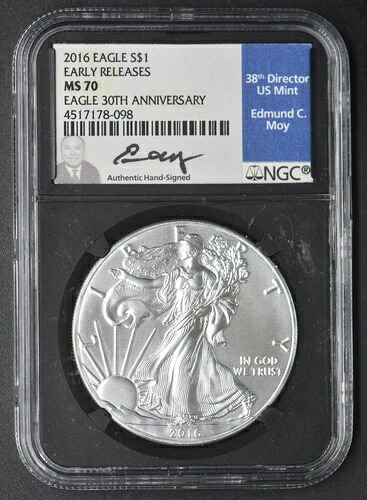 2016年 シルバーイーグル NGC MS70 早期リリース エドマンド・モイのサイン入り - COINGIANTS -