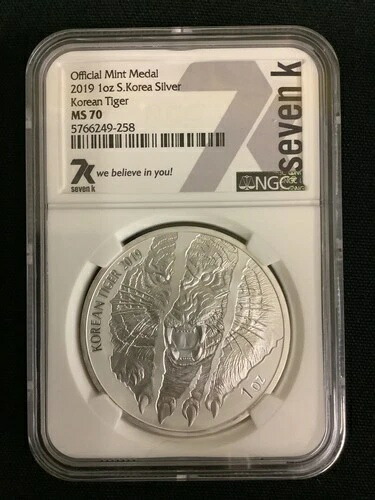 2019年 韓国 銀貨 韓国タイガー NGC MS70 7K ラベル .999 シルバー