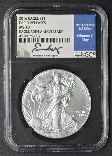 2016年 シルバーイーグル NGC MS70 早期リリース エドマンド・モイのサイン入り - COINGIANTS -