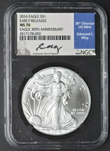 2016年 シルバーイーグル NGC MS70 早期リリース エドマンド・モイのサイン入り - COINGIANTS -