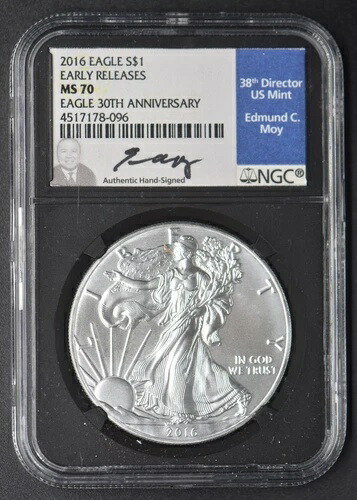2016年 シルバーイーグル NGC MS70 早期リリース エドマンド・モイのサイン入り - COINGIANTS -