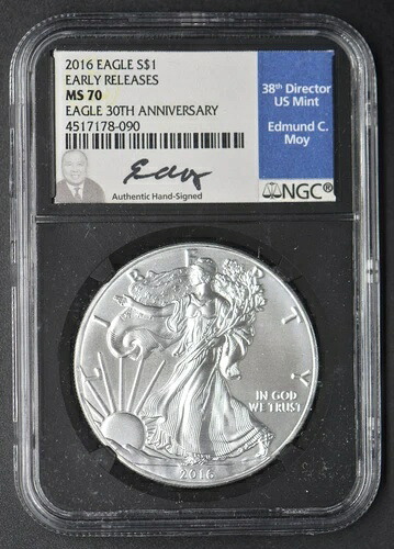 2016年 シルバーイーグル NGC MS70 早期リリース エドマンド・モイのサイン入り - COINGIANTS -