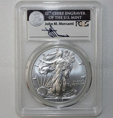 2017年 シルバーイーグルドル 発行初日 ジョン・マーカンティ サイン入り PCGS MS70 $1