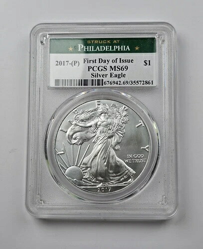 2017 P - $1 アメリカン シルバー イーグル - PCGS MS69 - グリーン ラベル - 発行初日
