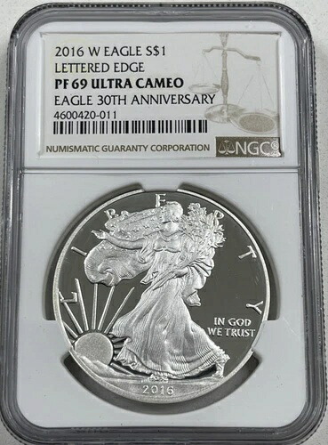 2016 W $1 アメリカン シルバー イーグル レタード エッジ NGC PF69 ウルトラ カメオ - 30 周年記念。