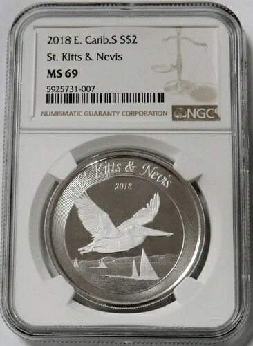 2018年 シルバー セントキッツ・ネイビス $2 ペリカン 1オンス コイン NGC ミント ステート 69