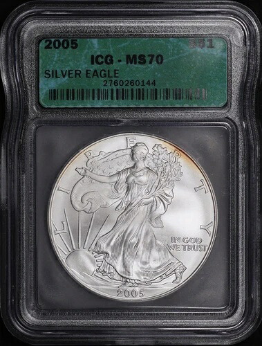 2005 アメリカン シルバー イーグル ICG MS-70 - 燃えるようなオレンジ色のリム トーニング!