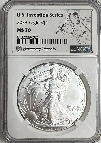 2023年イーグルシルバー1ドル米国発明水泳用足ひれ MS70 NGC