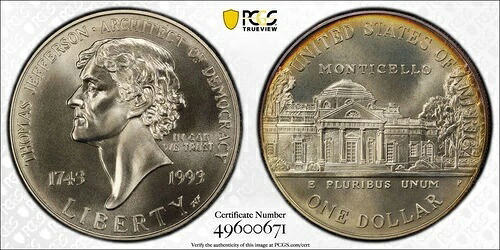 トーン加工済み 1993年 P MS 69 ジェファーソン記念銀貨 PCGS グレード スラブ 435|WORLD RESOURCE【QUEEN店】