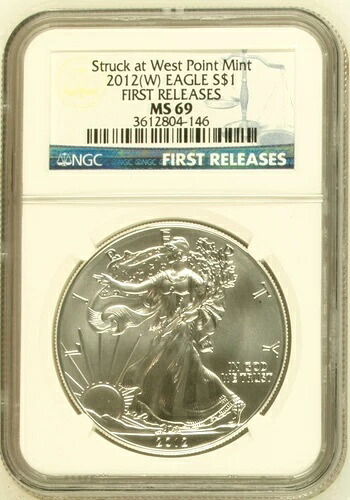 2012年(W) 地金シルバーイーグル NGC MS-69 初鋳造 ウェストポイント造幣局にて鋳造