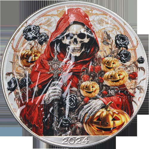 2024年 シルバー アメリカンイーグル $1 ハロウィン スケルトン エディション カラー化 COA - 在庫あり