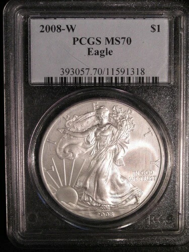 2008-W アメリカン・シルバー・イーグル $1 PCGS認定 MS70。初期ブルーラベル。