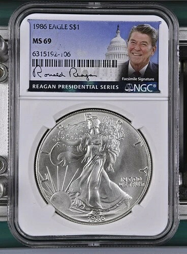 1986年 シルバーイーグル NGC MS69 レーガン大統領シリーズラベル